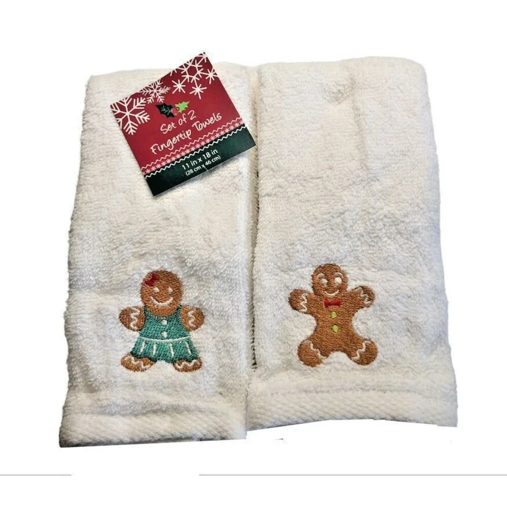 Gingerbread Man and Girl Christmas Fingertip Towels Embroidered White Set of 2